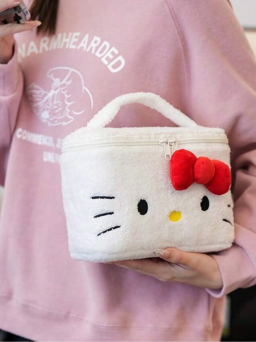 Sanrio Hello Kitty White Plush Cosmetic Bag with Red Bow